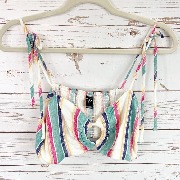 Windsor M Multicolor Stripe Sweetheart Neck Tie Straps Smocked Crop Top - Picture 4 of 9